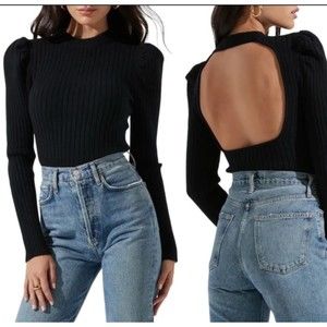 ASTR the label black back CUT OUT Women's LONG SLEEVE Ribbed Knit sweater Sz M